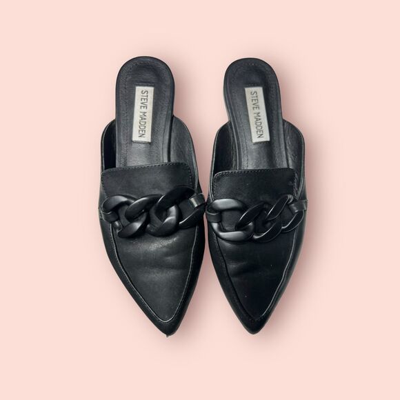 Steve Madden Fleur Pointed Toe Mules Sz 6M Womens Black Leather - Picture 1 of 7